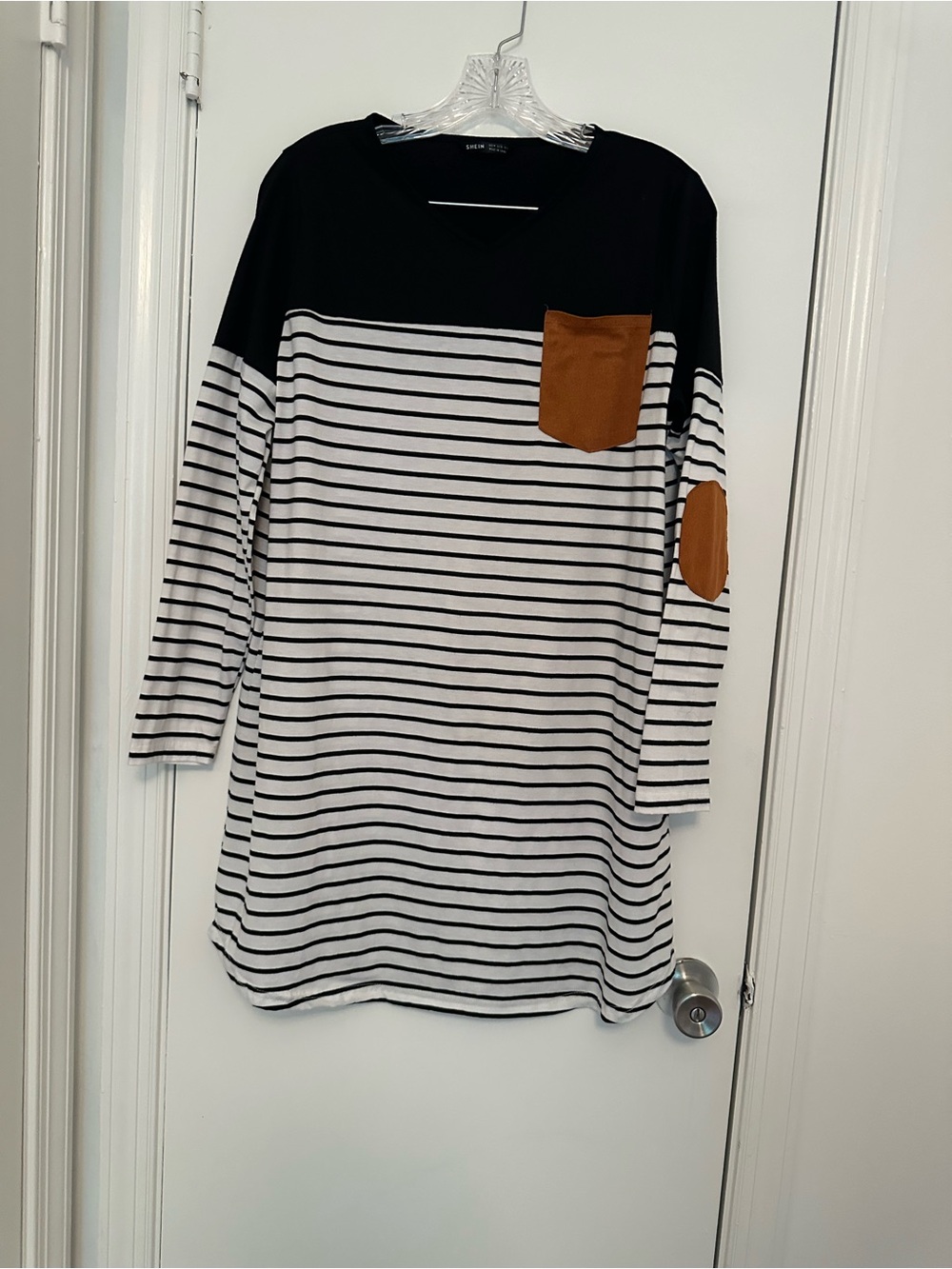 SHEIN Black & White Striped Tunic with Brown Pocket and Elbow Patch